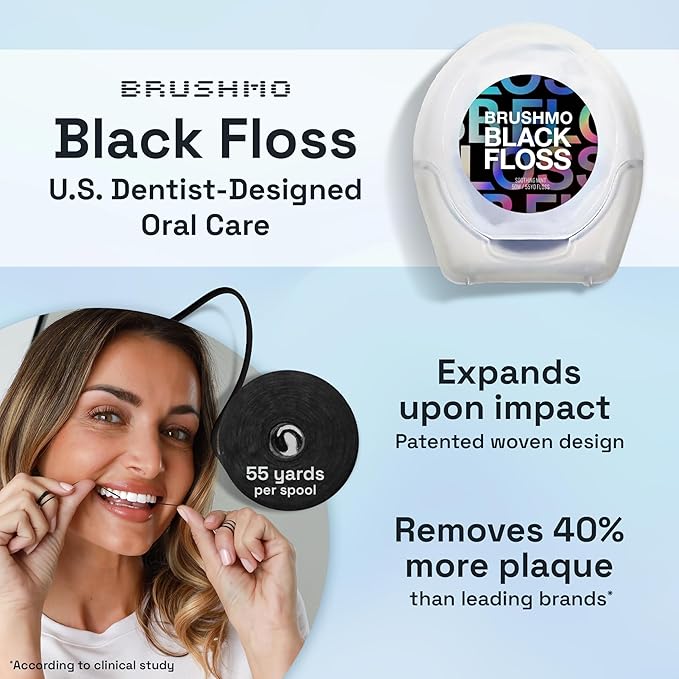 Brushmo Black Floss (BBFloss) - Expanding Floss, Gum-Friendly Soothing Mint Dental Floss, Natural Vegan Wax to Remove Plaque from Teeth, Dentist Designed PTFE & PFAS Free Oral Care, 5 Spools, 275 yd
