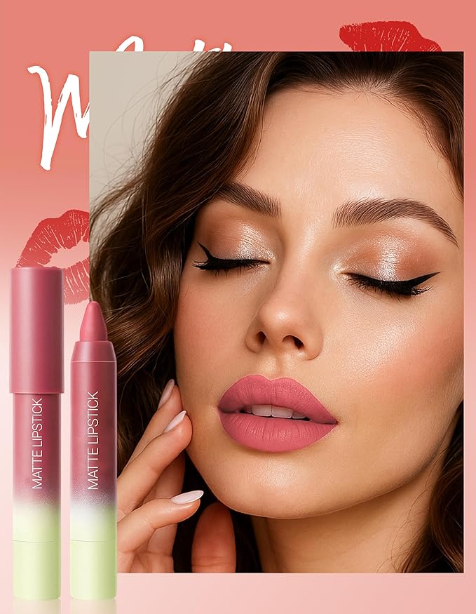 Erinde Matte Lipstick Crayon Set, 4 Colors 24 Hour Long-Lasting Waterproof Velvet Lip Crayons, Warm Red Berry Plum Taupe Brown Nude Brown Neutral Lip Liner Pencil for Women, Vegan & Cruelty-Free