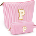2 PCS Initial Makeup Bags for Women: Cosmetic Bag for Travel Toiletry - Birthday Gifts for 11 12 13 14 15 16 17 18 Years Old Girl Graduation Teacher Gift- Teen Girl Gifts Trendy Stuff - Pink P
