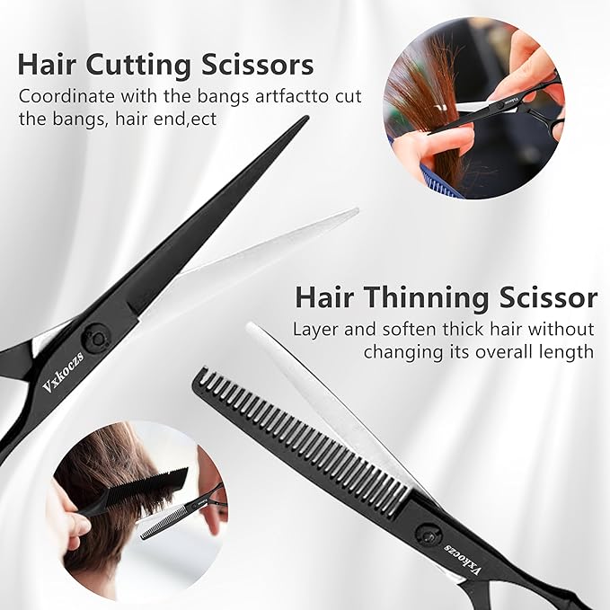 Professional Hair Cutting Scissors Set - 6.88” Japanese Stainless Steel Thinning Shears & Barber Scissors, Razor Edge Salon Shears with Adjustable Screw & Dismountable Ring for Home & Salon Use