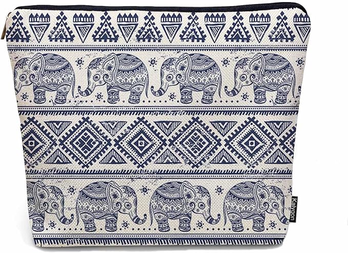Elephant Cosmetic Bags For Women, Ethnic Geometric Elephant Roomy Makeup Bag Toiletry Bag Accessories Organizer Storage Bags Makeup Pouch For Travel Business Gym Camping Bathroom, Blue
