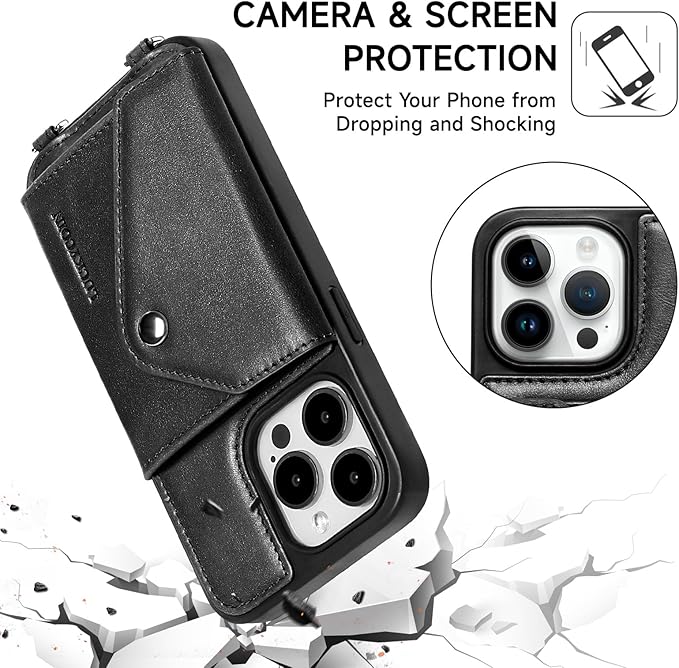 LUCKYCOIN Crossbody Wallet Phone Case for iPhone 15 Pro,100% Genuine Leather Wallet Phone Case with Expandable Flip Card Holder,Phone Purse for Women with Adjustable Removable Strap - Black