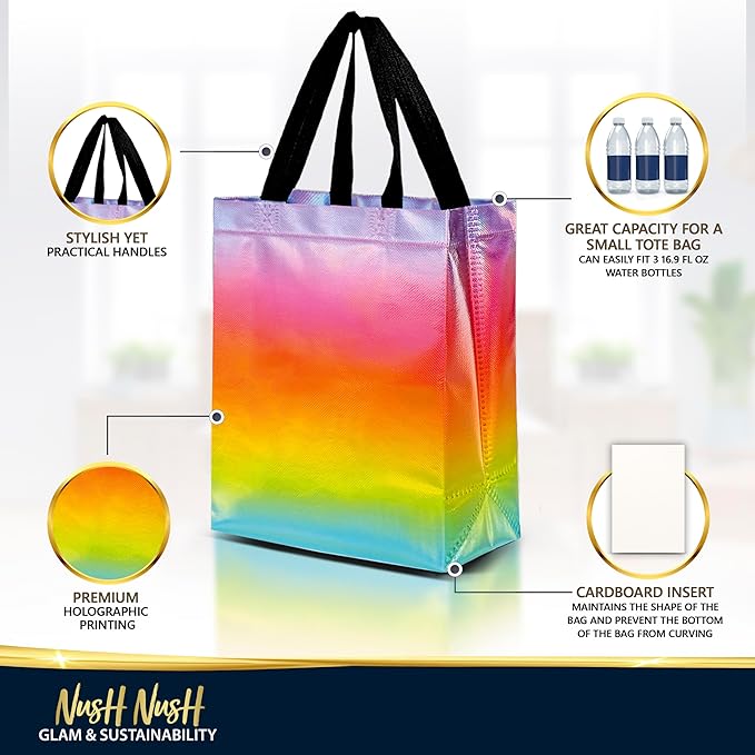Nush Nush Rainbow Gift Bags Medium Size – Set of 12 Pastel Gradient Reusable Gift Bags With Holographic Finish - Ideal Goodie Bag for Kids Birthday Party, Girl Party Favors, Thanksgiving - 8x4x10