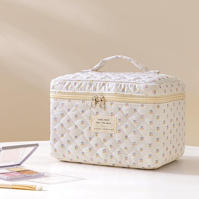 HBselect Quilted Makeup Bag, 3PCS Cotton Large Travel Makeup Bag, Cute Floral Coquette Make up Bag Cosmetic Bag Toiletry Bag for Women Girls