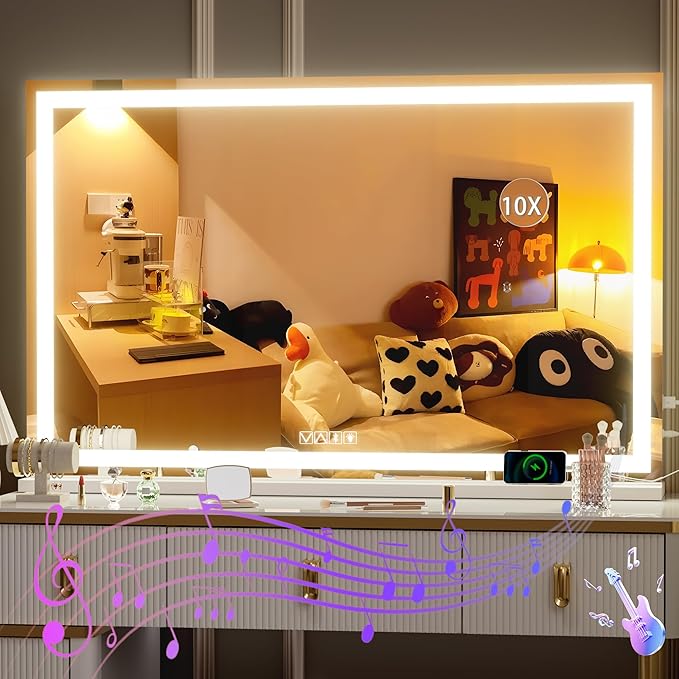 Hasipu Vanity Mirror with Lights and Bluetooth Speaker, 47" x 29.5" LED Makeup Mirror, Lighted Makeup Mirror with Dimmable 3 Modes, Touch Screen Control Vanity Mirror Square White