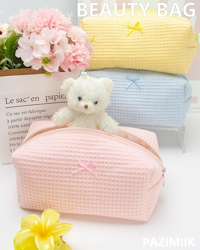 6PCS Cozy Makeup Bag Travel Cosmetic Bag for Women Soft Toiletry Bag Aesthetic Makeup Organizer Portable Large Zipper Pouch for Skincare Beauty Accessories Brushes Waffle Check Light Pink