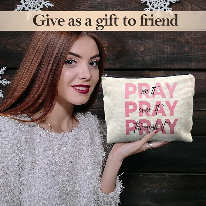 Pink Christian Makeup Bag, Pray On It Pray Over It Bible Verse Cosmetic Bags for Women, Trendy Girly Christian Makeup Pouch, Religious Gifts Zipper Pouch