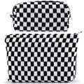 ZLFSRQ 2Pcs Checkered Makeup Bag for Women Large Small Checkered Cosmetic Bag Set Aesthetic Preppy Pencil Case Cute Pencil Pouch Black Makeup Pouch for Purse Travel Toiletry Bags Zipper Skincare Bags