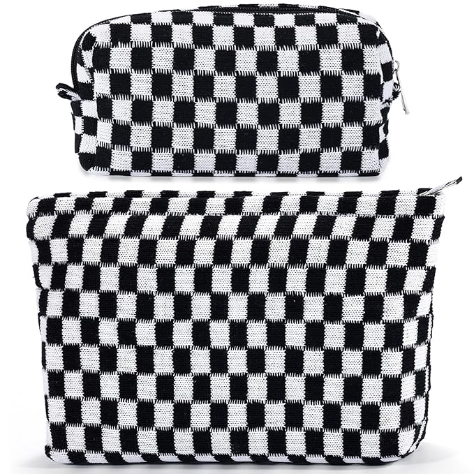 ZLFSRQ 2Pcs Checkered Makeup Bag for Women Large Small Checkered Cosmetic Bag Set Aesthetic Preppy Pencil Case Cute Pencil Pouch Black Makeup Pouch for Purse Travel Toiletry Bags Zipper Skincare Bags