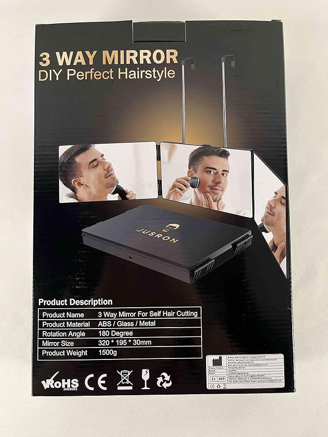 JUSRON 360 Viewing Angle Self Hair Cutting Mirror, Clear Anti-Fog HD Glass, USB Rechargeable, Easy to Use, Height Adjustable, Portable, Good Choice for Gifts