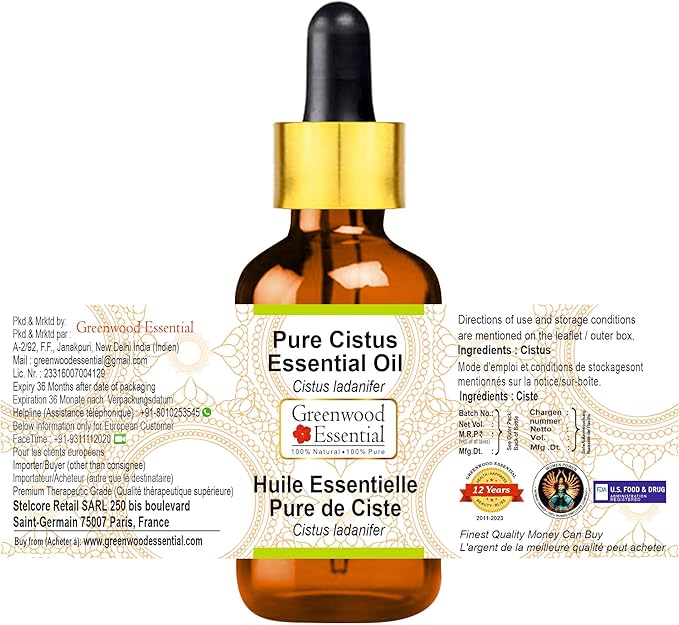Greenwood Essential Cistus Essential Oil (Cistus ladanifer) with Glass Dropper | Pure | Non-Sticky | Non-Greasy | Lightweight | Men & Women | All Skin Types | Steam Distilled 5ml (0.16 oz)