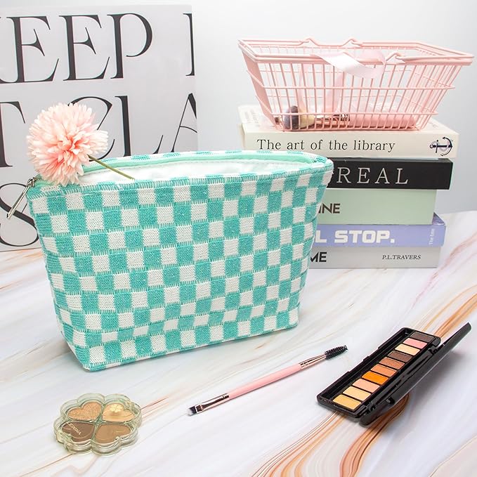 PAZIMIIK Knitted Checkered Makeup Bag Large Zipper Make Up Accessory Pouch for Purse Cosmetic Brush Bag for Travel Essential Arctic Blue