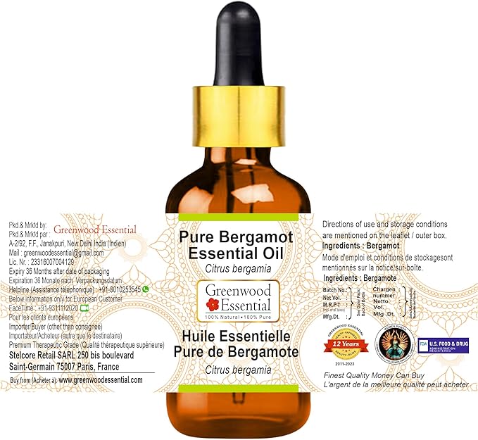 Greenwood Essential Bergamot Essential Oil (Citrus bergamia) with Glass Dropper | Pure | Non-Sticky | Non-Greasy | Lightweight | Men & Women | All Skin Types | Steam Distilled 100ml (3.38 oz)