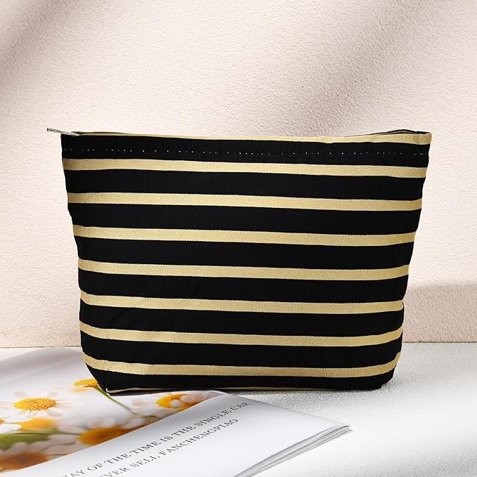 SOIDRAM 2 Pieces Makeup Bag Large Stripe Cosmetic Bag Capacity Canvas Mix Travel Toiletry Bag Organizer Cute Makeup Brushes Aesthetic Accessories Storage Bag for Women, Stripe Mix Black