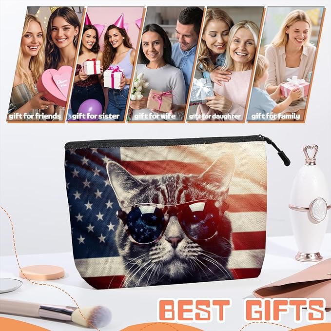 Cosmetic Bags Travel Makeup Toilet Case Waterproof Pouch for Women Girls 6.7X9.45inches - Cat Wearing Sunglasses With Flag Reflections in The Lenses
