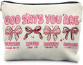 Coquette Preppy Pink Bow Makeup Bag, God Says You are Christian Bible Verse Cosmetic Bags Zipper Pouch for Women, Christian Gifts for Women, Faith Based Gifts Makeup Pouch