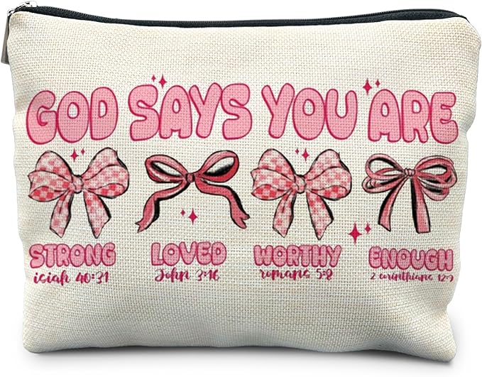 Coquette Preppy Pink Bow Makeup Bag, God Says You are Christian Bible Verse Cosmetic Bags Zipper Pouch for Women, Christian Gifts for Women, Faith Based Gifts Makeup Pouch