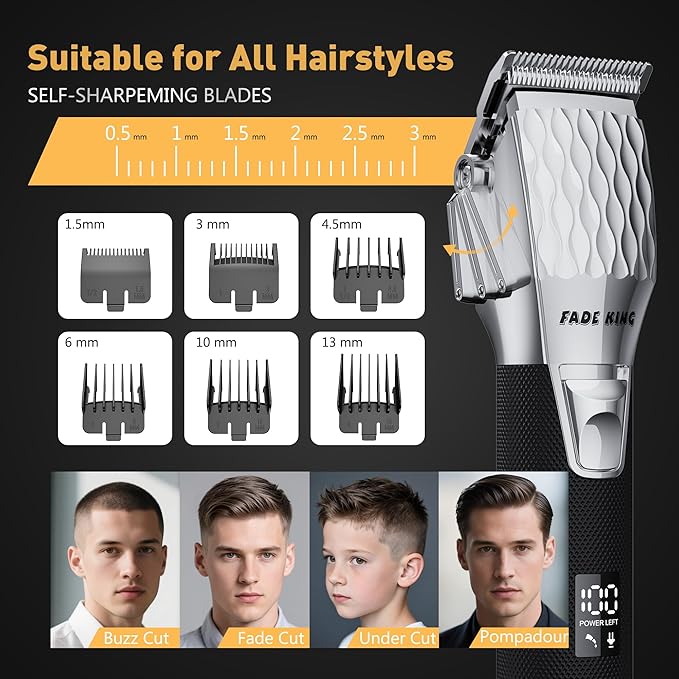 FADEKING® Professional Hair Clippers for Men, Cordless Hair Clippers and Beard Trimmer for Men, Professional Barber Clippers for Hair Cutting and Beard Shaping & Grooming (Silver Black)