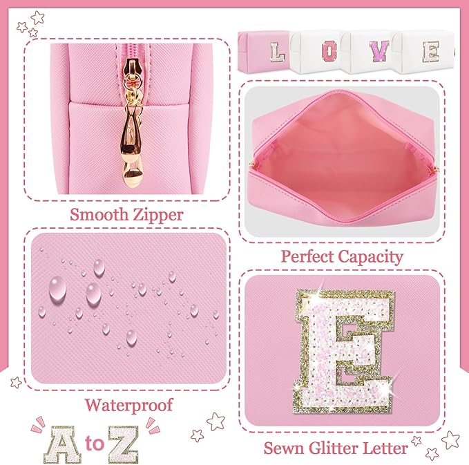 Personalized Initial Letter Makeup Bag, Preppy Glitter Letter Patch Cosmetic Pouch Zipper,PU Waterproof Travel Toiletry Bag Cute Makeup Organizer Monogrammed Make Up Bag,Gift for Women Girls(Letter E)