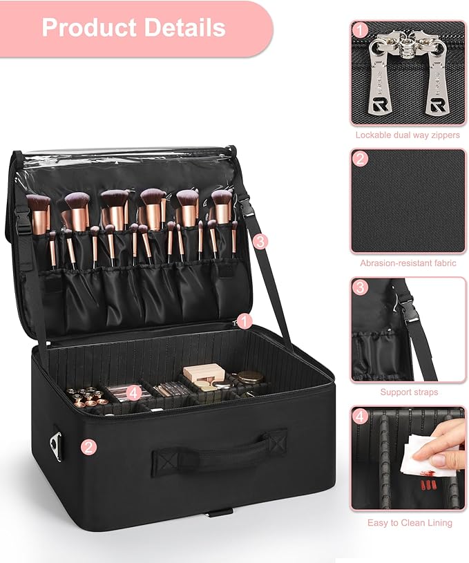 Relavel Extra Large Cosmetic Case, Travel Makeup Bag with 4 Clear Pouches & Lipstick Plate, Portable Cosmetic Case Storage Organizer Box for Makeup Artists with Shoulder Strap & Adjustable Dividers