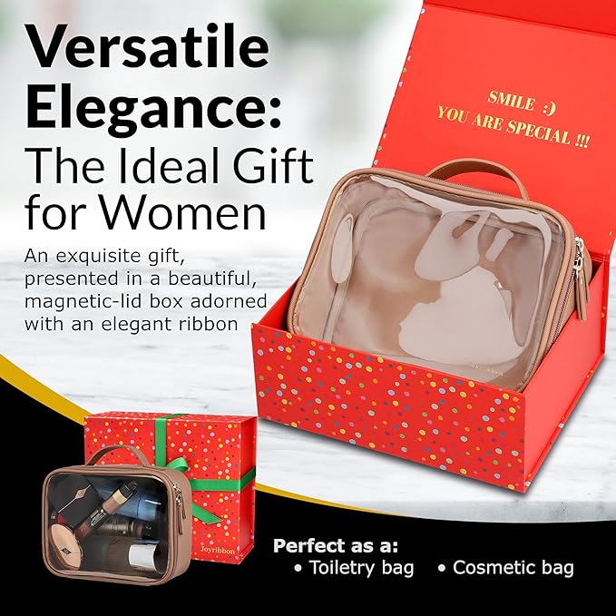 Cosmetic Bag Set - Premium Quality Travel Makeup Bag w/Clear Transparent Front, Best Gift for Travel - 3pcs Gift Set, Large & Small Makeup Bags & Portable Mirror in a Beautiful Gift Box (Nude)