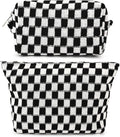 SOIDRAM 2 Pieces Black Makeup Bag Large Checkered Cosmetic Bag Capacity Canvas Mix Travel Toiletry Bag Organizer Cute Makeup Brushes Aesthetic Accessories Storage Bag for Women, Checkered Mix Black
