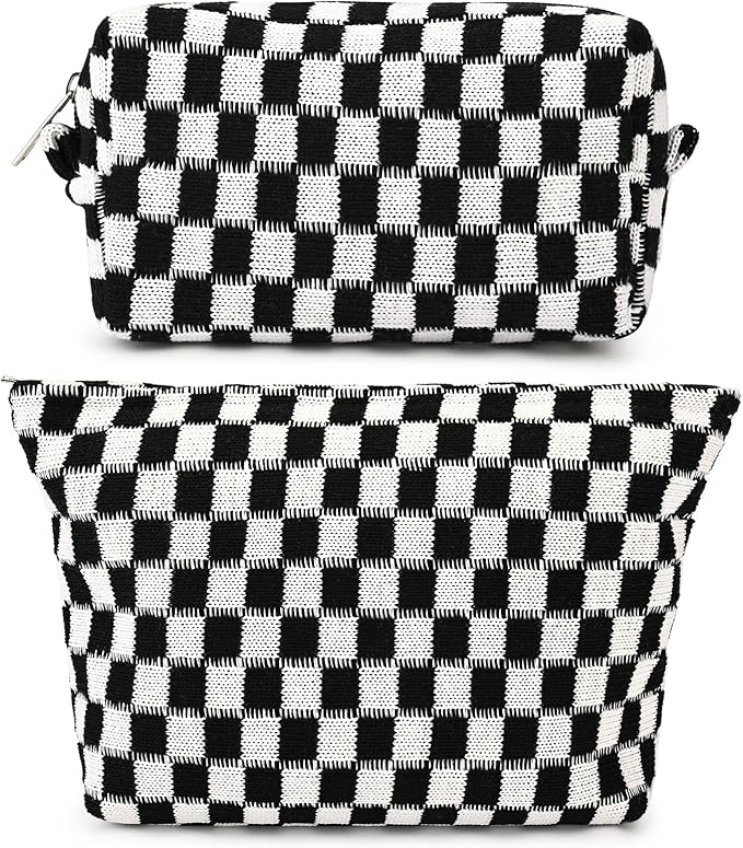 SOIDRAM 2 Pieces Black Makeup Bag Large Checkered Cosmetic Bag Capacity Canvas Mix Travel Toiletry Bag Organizer Cute Makeup Brushes Aesthetic Accessories Storage Bag for Women, Checkered Mix Black