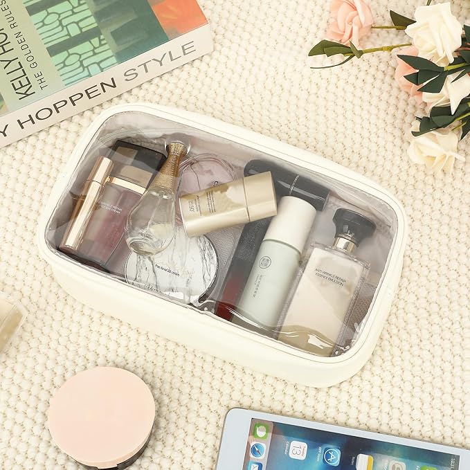 Clear Makeup Bag with 2 Customizable Chenille Letters - Waterproof PU Leather Cosmetic Case, Large Personalized Toiletry Pouch for Women & Teens, Ideal for Travel & Gift