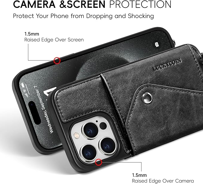 LUCKYCOIN Crossbody Wallet Phone Case for iPhone 15 Pro,100% Genuine Leather Wallet Phone Case with Expandable Flip Card Holder,Phone Purse for Women with Adjustable Removable Strap - Black