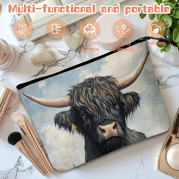 Cosmetic Bags Travel Makeup Toilet Case Waterproof Pouch for Women Girls 6.7X9.45inches - Black Yak With Large Horns in A Flower - Filled Meadow