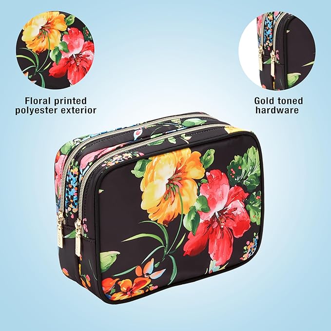 Conair Travel Double Zip Organizer - Toiletry Bag - Makeup Bag - Travel Makeup Bag - Makeup Organizer - Black Floral Print