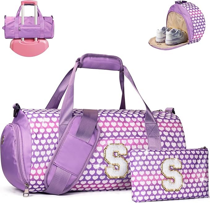Cheer Up Gifts, Girls Travel Duffel Bag, Kids Initial Overnight Bags with Shoe Compartment, Personalized Gym Ballet Dance Bag with Makeup Pouch, Gift for 5 Year Old Girl Kid (Letter S)