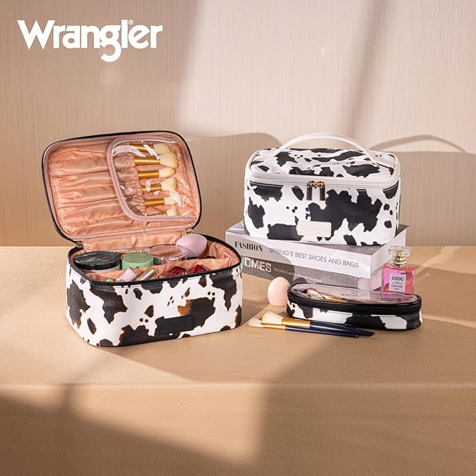 Montana West X Wrangler Travel Makeup Bag 2pcs Set Large Cosmetic Bag with Makeup Brush Holder Portable Make Up Organizer Cute Toiletry Bag with Divider and Handle for Women Cow Black