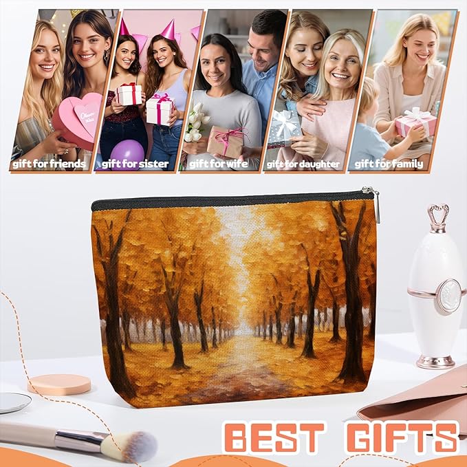 Makeup Bag Travel Cosmetic Bags Small Makeup Case Waterproof Zipper Pouch for Women Girls 7X9inches - Autumn Forest Path in Oil Painting