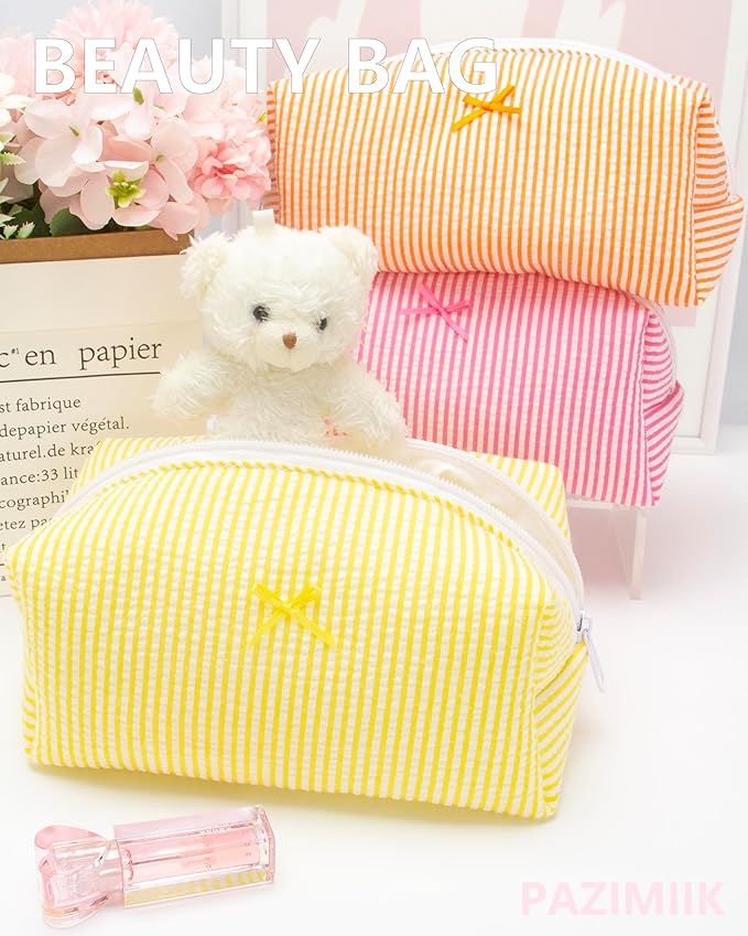 PAZIMIIK Cozy Makeup Bag Small Aesthetic Travel Zipper Cosmetic Pouch for Women Make Up Beauty Accessories Brushes, Stripe Yellow