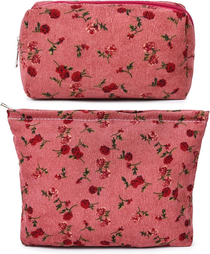 SOIDRAM 2 Pieces Rose Makeup Bag Large Cosmetic Bag Capacity Canvas Mix Travel Toiletry Bag Organizer Cute Makeup Brushes Aesthetic Accessories Storage Bag for Women, Rose Mix Green Red