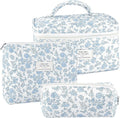 3Pcs Makeup Bag Quilted Cosmetic Bag Set Bow Travel Large Makeup Pouch for Women Cute Portable Cotton Toiletry Bag Skincare Organizer Coquette Vintage Travel Essential