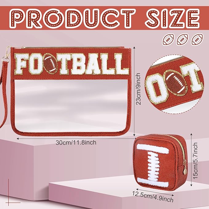 Hillban 2 Pcs Football Girl Gifts Makeup Cosmetic Bags Toiletry Pouch Sports Goody Bags Chenille Letter Clear Zipper Pouch Football Accessories for Women Travel Stuff Portable Storage Case