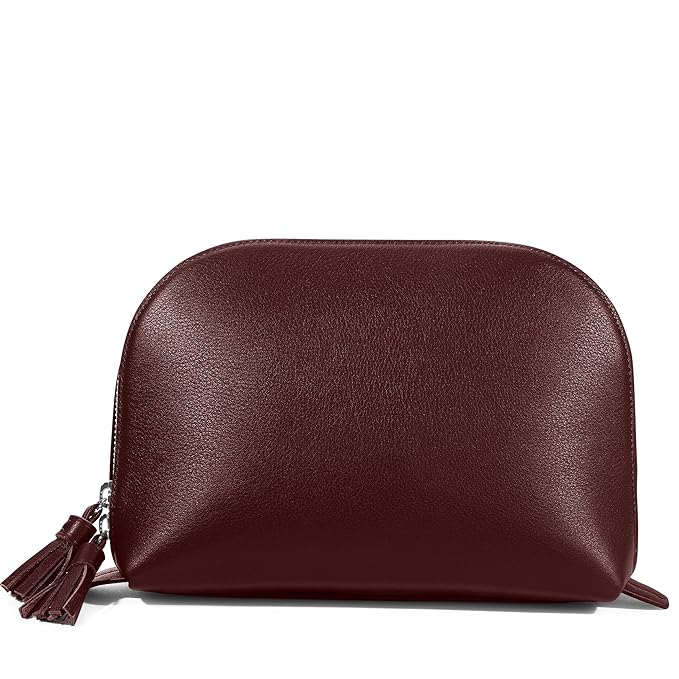 Leatherology Bordeaux Clamshell Makeup Bag – Leather Cosmetic Bag with Waterproof Lining, Interior Zip Pocket & Double Tassel Zip Closure for Travel or Vanity Organization