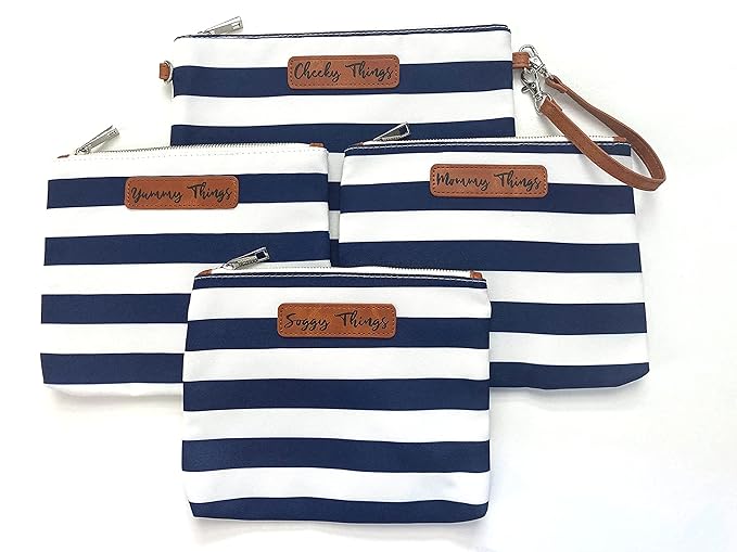 Stylish Diaper Bag Organizing Pouches - XL Set of 4 Navy and White Striped Canvas Diaper Bag Pouches with Leather Embossed Labels, Leather Wristlet Strap & Durable Metal Zippers