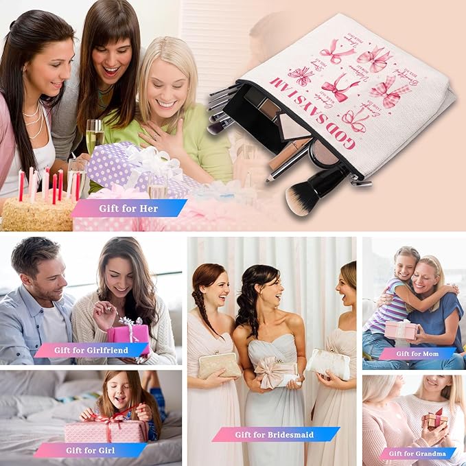 God Says I Am Makeup Bag, Pink Coquette Bow Bible Verse Cosmetic Bag, Inspirational Christian Gifts for Women, Religious Faith Based Gifts Inspirational Affirmations Gift Bag