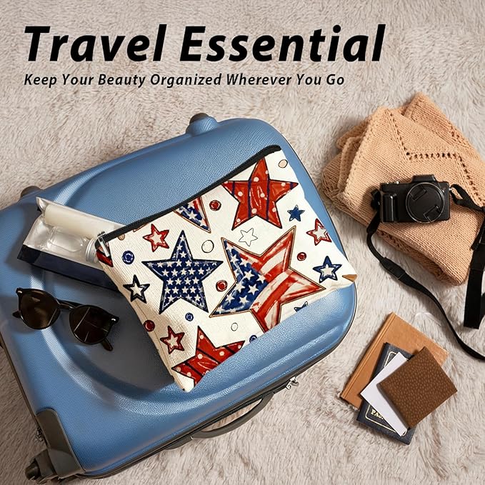 Retro American Flag Star 4th of July Makeup Bag, America Patriotic Cosmetic Bags for Women, Red White and American Flag Star Toiletry Bag for Women, cosmetic bag, makeup case