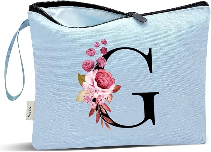 Vavabox A-Z Personalized Makeup Bag, Birthday Gifts for Women Mom, Gifts for Best Friend, Bride Bridesmaid Cosmetic bag (G, Blue)