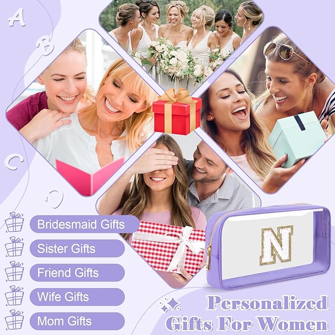 Personalized Initial Letter Clear Makeup Bag,Preppy Small Nylon&PVC Cosmetic Zipper Bag with Chenille Letter,Travel Skincare Toiletry Bag,Monogram Christmas Gift for Teen Girls Women,N