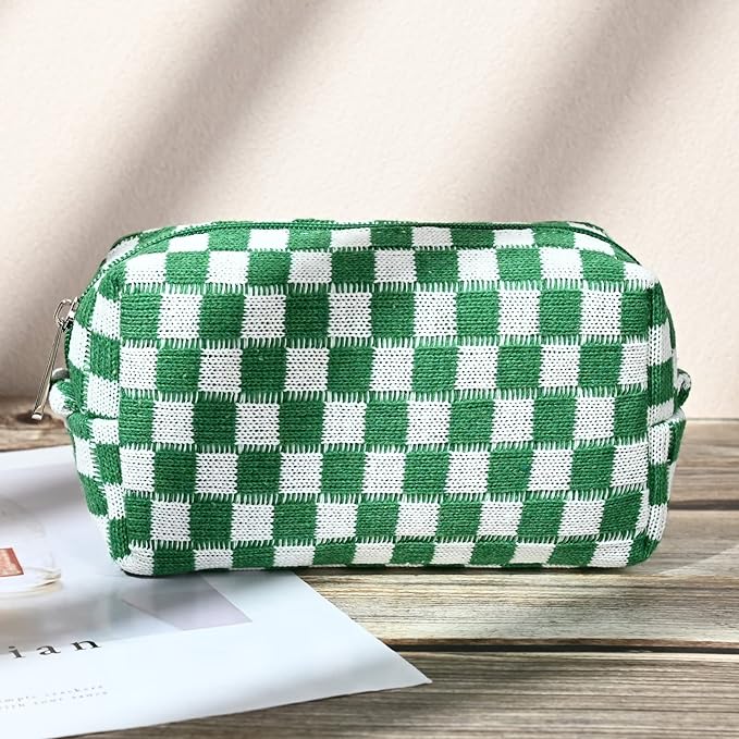 SOIDRAM 2 Pieces Makeup Bag Large Checkered Cosmetic Bag Capacity Canvas Mix Travel Toiletry Bag Organizer Cute Makeup Brushes Aesthetic Accessories Storage Bag for Women, Checkered Mix Green