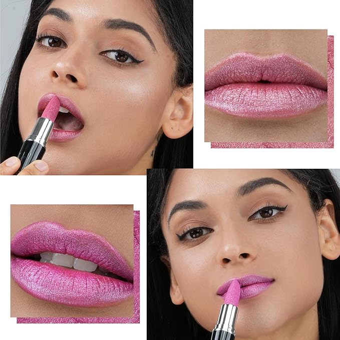 Anglicolor 2pcs Pink Glitter Lipstick,High Impact Lipcolor,Lightweight Hydrating Formula Smooth and Non-Sticky,Metallic Lipstick For Women,Full-Coverage Lip Color