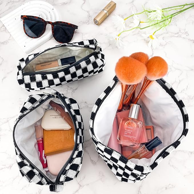 ZLFSRQ 3Pcs Checkered Makeup Bag for Women Large Small Checkered Cosmetic Bag Set Aesthetic Preppy Pencil Case Cute Pencil Pouch Black Makeup Pouch for Purse Travel Toiletry Bags Zipper Skincare Bags