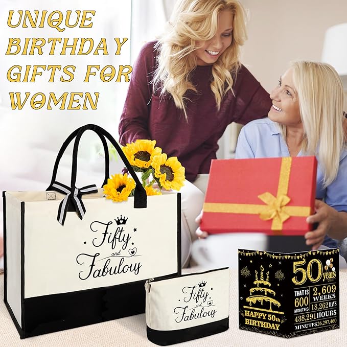 50th Birthday Gifts for Women 50 and Fabulous Canvas Tote Bag Travel Gear, Unique 50 Years Old Gifts for Wife Sister Mom Aunt Friends Her, Handbag & Cosmetic Bag & 50 Birthday Poster