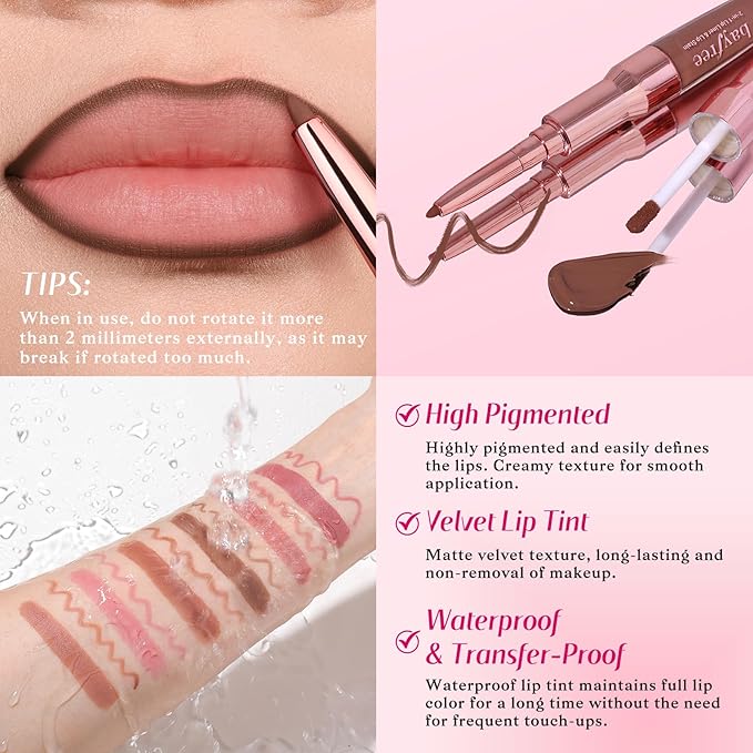 bayfree 2-IN-1 Lip Liner and Lip Stain, High Pigmented Long Lasting Velvet Lip Tint, Well-Defined Lipliner, Weightless Waterproof Not Animal Tested, Matte Finish Makeup