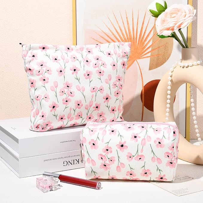 SOIDRAM 2 Pieces Flower Makeup Bag Large Floral Cosmetic Bag Capacity Canvas Mix Travel Toiletry Bag Organizer Cute Makeup Brushes Aesthetic Accessories Storage Bag for Women, Flower Mix Pink